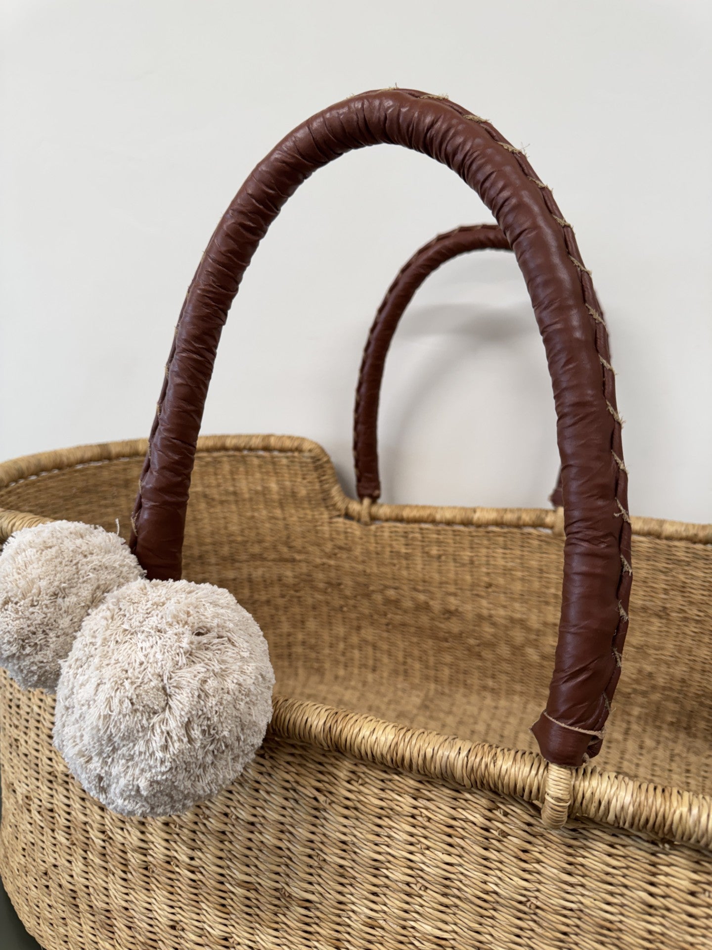 Brown Vegan Leather Handle Moses Basket
