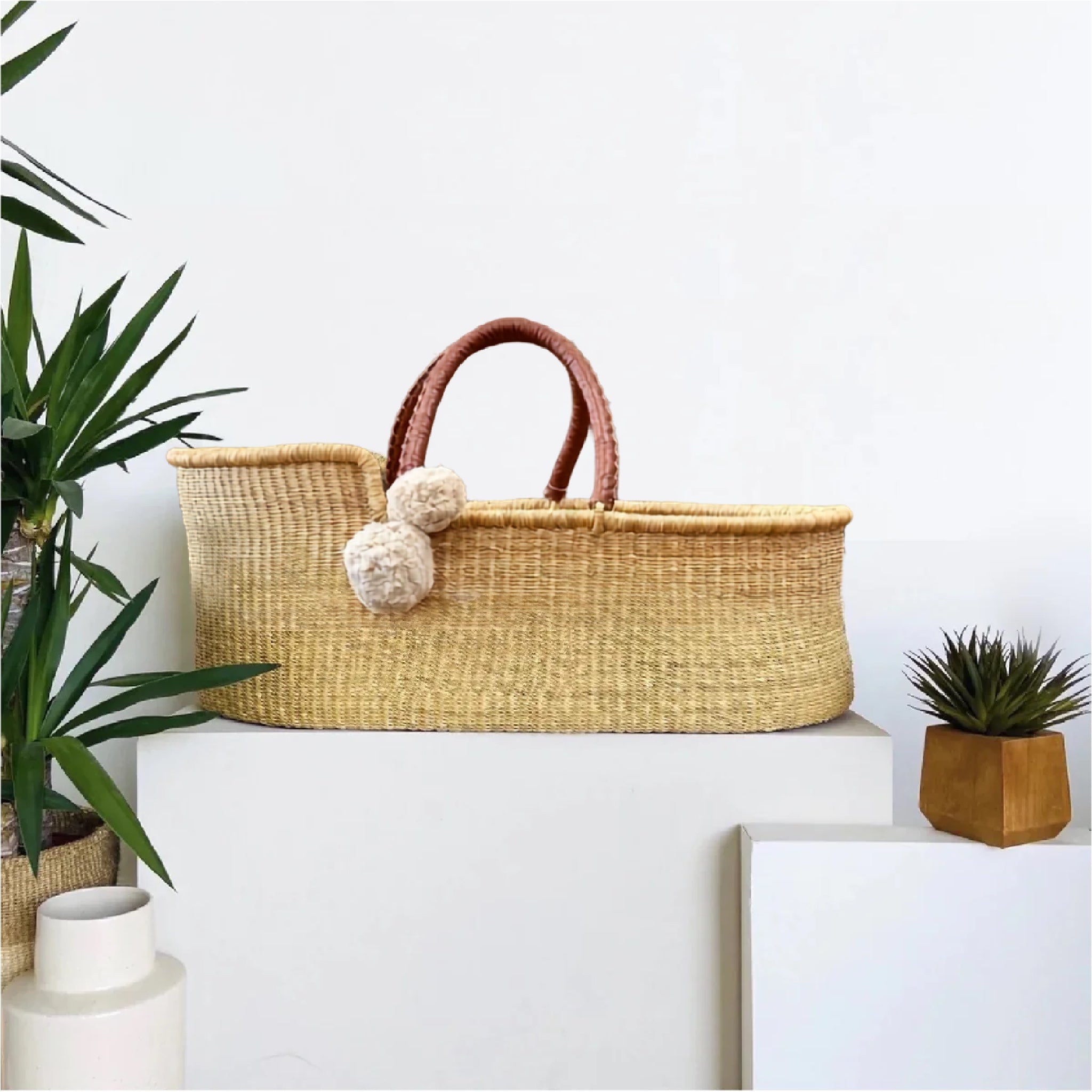 Brown Vegan Leather Handle Moses Basket