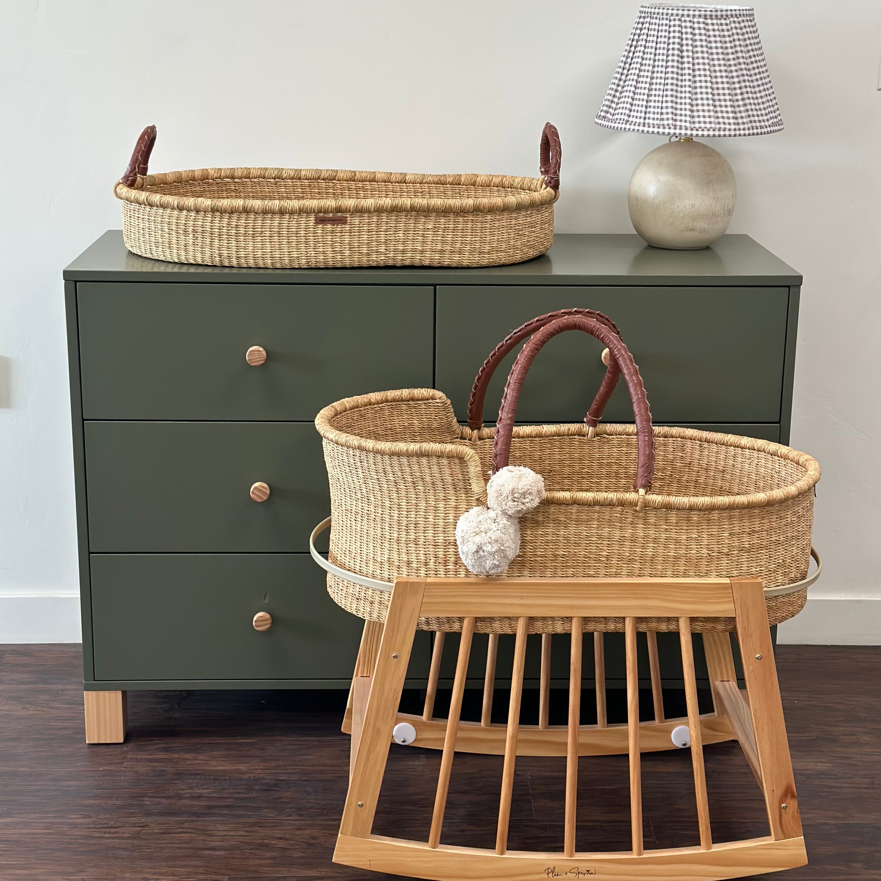 Brown Vegan Leather Handle Moses Basket