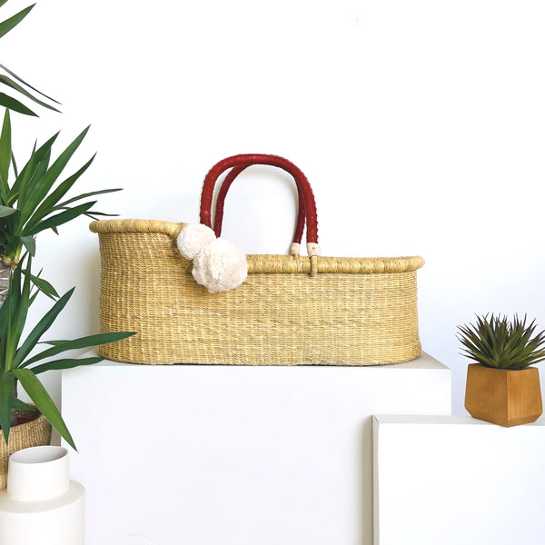 Natural<br> African Moses Basket <br> Cognac + Cream Handle