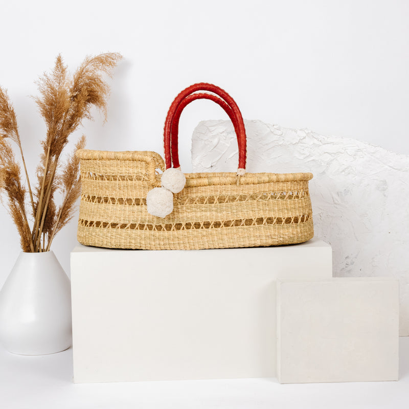 Wheatgrass Open Weave<br>Perfectly Imperfect<br> African Moses Basket<br>Cognac + Cream Handle