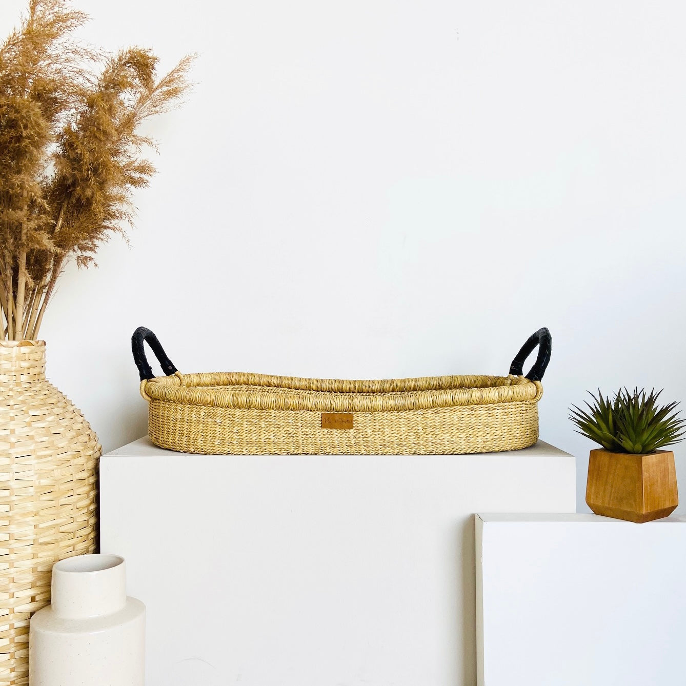 Black Vegan Leather Handle Changing Basket