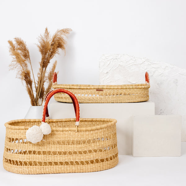 Natural Open Weave<br> African Moses Basket <br>No Hood<br>Cognac+Cream Handle