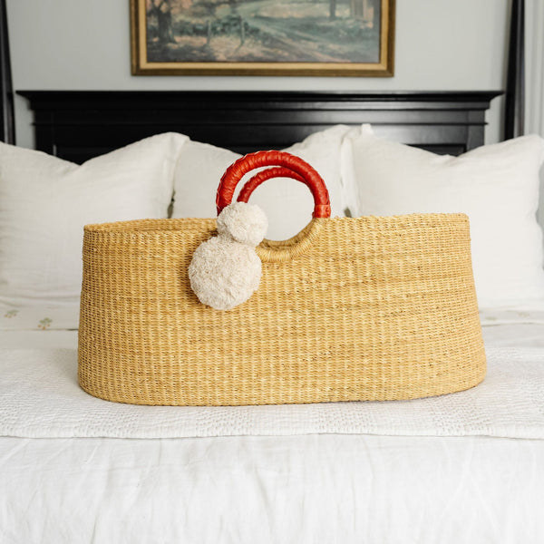 Natural <br> African Moses Basket <br>Cognac Circle Handle