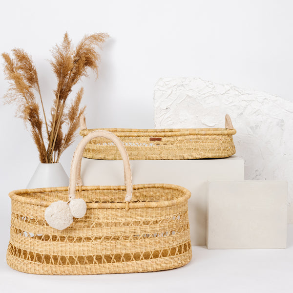 Natural Open Weave<br> African Moses Basket <br>No Hood<br>Cream Handle