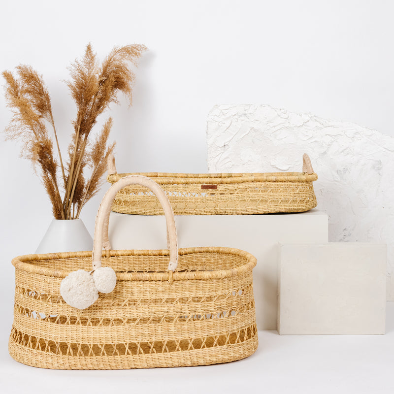 Wheatgrass Open Weave<br> African Moses Basket <br>No Hood<br>Cream Handle