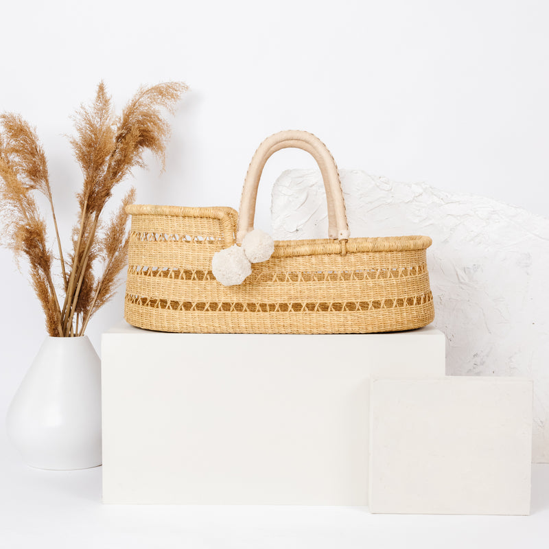 Wheatgrass Open Weave<br> African Moses Basket <br> Cream Handle