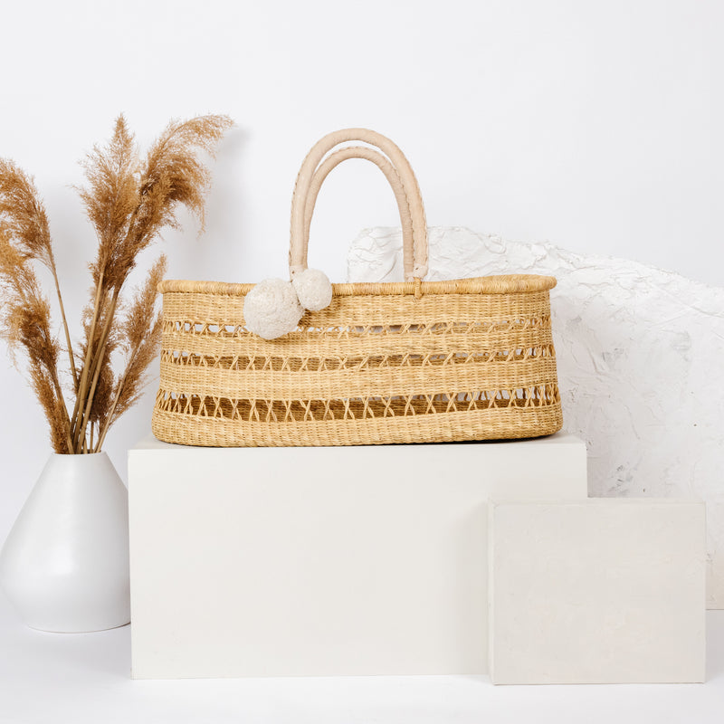 Wheatgrass Open Weave<br> African Moses Basket <br>No Hood<br>Cream Handle