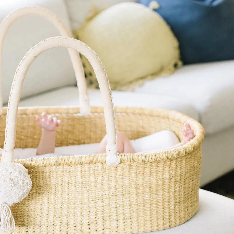 Natural<br> African Moses Basket<br> No Hood<br> Cream Handle